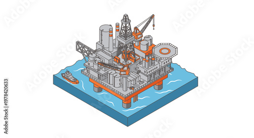 Isometric illustration of an offshore oil drilling platform operating in the deep blue sea, symbolizing energy exploration and the fossil fuel industry
