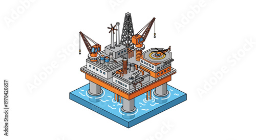 An industrial oil rig platform in the ocean, designed for offshore drilling and resource extraction