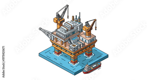 Modern isometric vector art of an active offshore oil drilling platform and a nearby supply vessel, representing the vast industrial scale of fossil fuel extraction and global energy resources