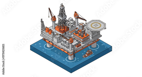 Offshore oil drilling platform extracting crude oil from the ocean floor with a tugboat nearby