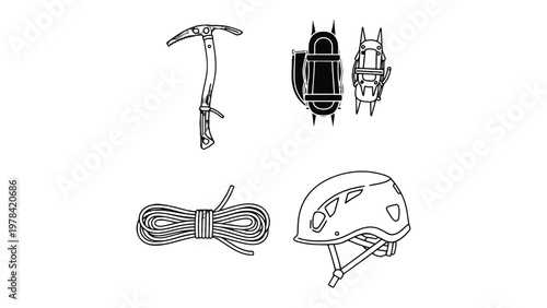 Essential Climbing Gear: A collection of vital climbing equipment, meticulously illustrated, symbolizing adventure and preparedness.