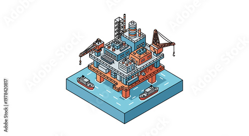 Isometric illustration of an offshore oil rig platform with support vessels, depicting global energy exploration and crucial marine industrial operations