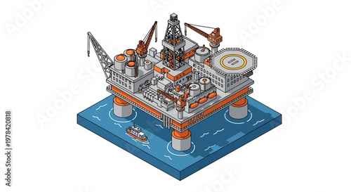 Offshore oil rig platform for industrial energy production in the ocean, modern oil and gas extraction facility