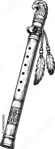 Native American Flute Illustration – Wooden Tribal Instrument Line Art