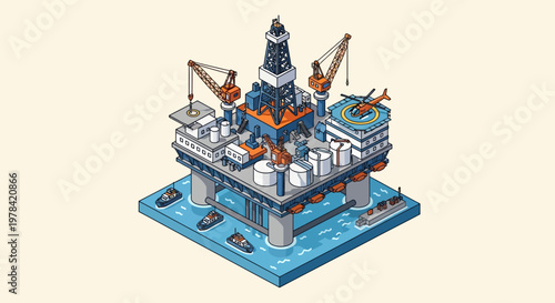 Isometric illustration of a complex offshore oil rig with supporting vessels and a helipad, representing industrial energy extraction