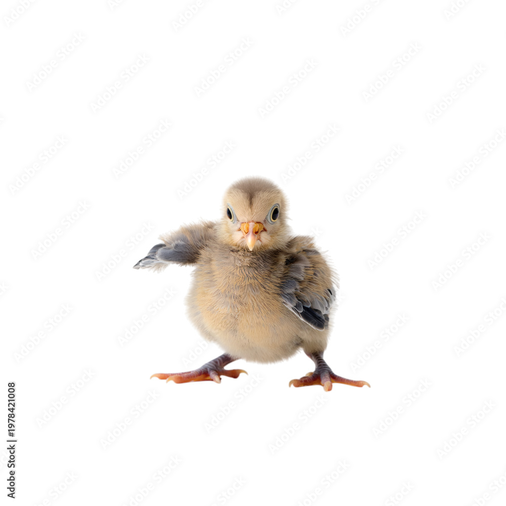 Fototapeta premium A young bird with fluffy feathers standing on a plain surface isolated on transparent background