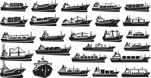 Collection of various cargo ships and boats illustrations set
