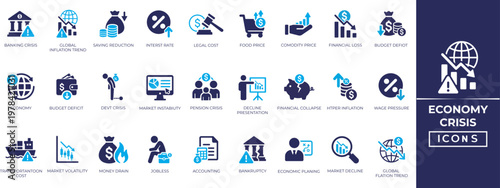 Financial and Economic Crisis icon set. Containing market crash, inflation, bankruptcy, risk management, accounting, debt, financial planning, and more. Solid vector icon collection.