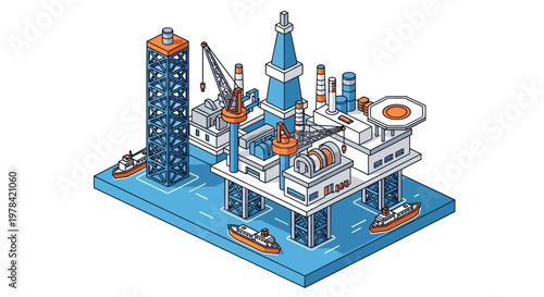 Isometric Vector Illustration of an Offshore Oil and Gas Drilling Platform with Supply Boats on the Water, Representing Energy Production and Industrial Operations
