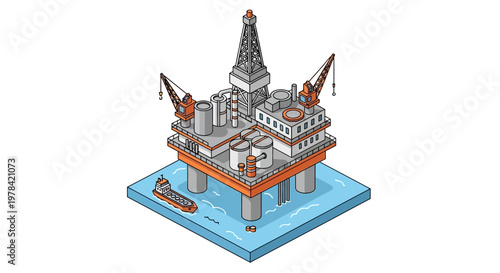 Offshore oil rig platform operating in the sea with a support vessel nearby in an isometric illustration