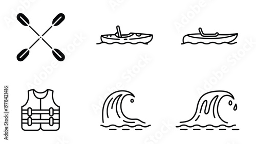Kayaking Adventure: A set of six monochrome illustrations of kayaking and water sports. This set includes kayak designs, paddles, and a life vest, representing the elements of kayaking adventure. 