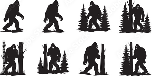 Bigfoot silhouettes in forest settings with trees and branches