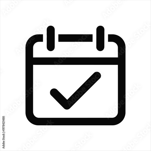 A simple black and white line drawing icon representing a calendar with a checkmark indicating completion