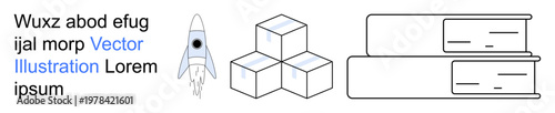 Education, innovation, technology, science, research, creativity. Rocket launching, stacked cubes and books in simple design. Science and education concepts are evident in this ion