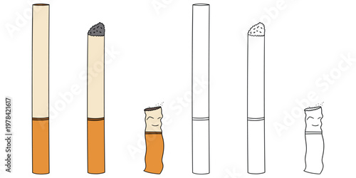 Hand-drawn cartoon and doodle set of cigarettes on a white background.