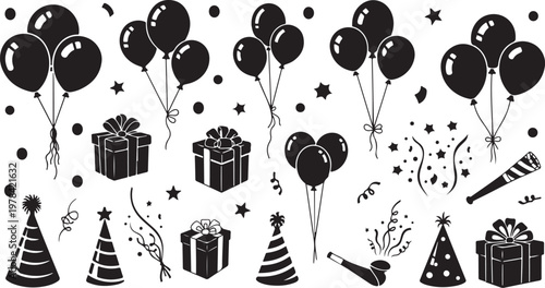 Black and white party celebration icons and symbols set
