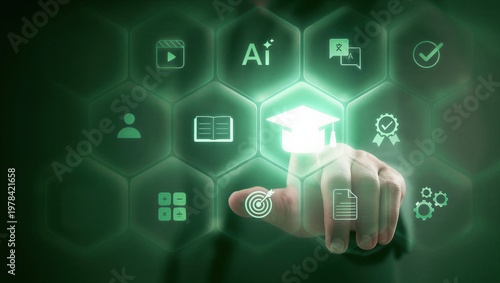 Digital certification and online learning powered by ai education technology, professional accessing secure elearning platform for accredited course assessment and verified credential development