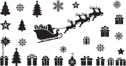 Christmas icons and Santa's sleigh in black and white