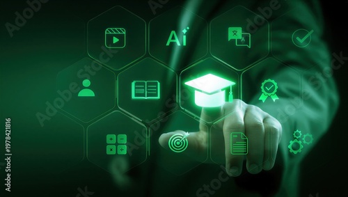 Digital certification and online learning powered by ai education technology, professional accessing secure elearning platform for accredited course assessment and verified credential development