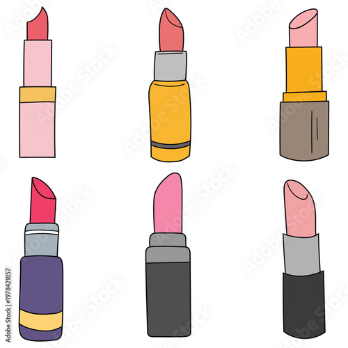 Hand-drawn cartoon set of lipsticks on a white background.