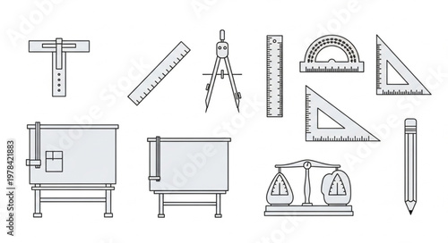 Collection of drafting and drawing tools for architecture and engineering.