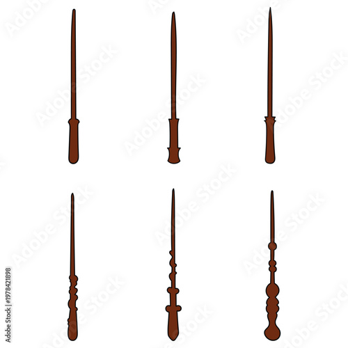 Hand-drawn cartoon set of magic wands on a white background.