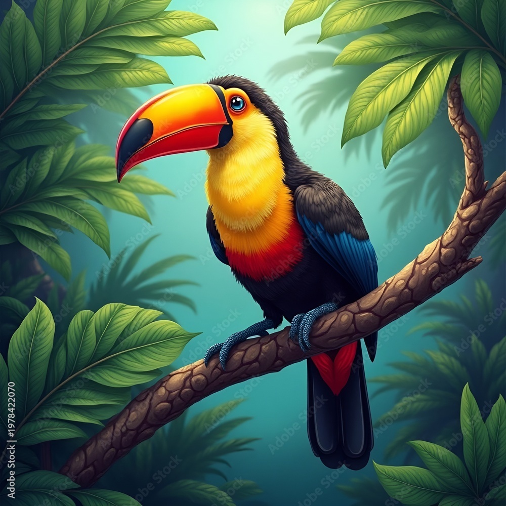 Fototapeta premium A vibrant toucan perched on a branch in a lush tropical forest