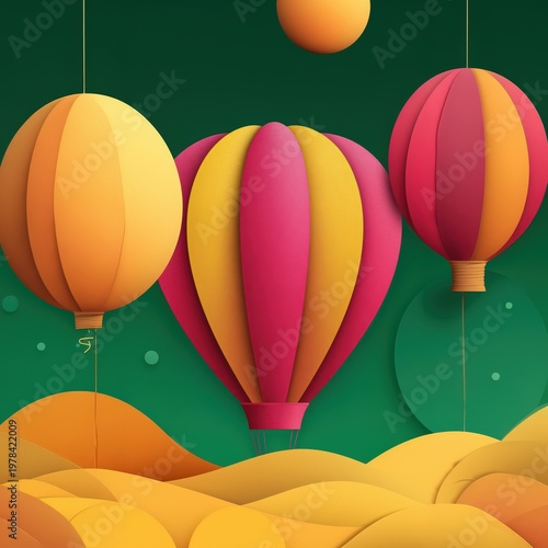 Bright and cheerful hot air balloons floating against a vibrant backdrop of color and form