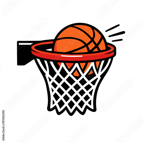 Close up basketball ball in hoop net. Sport scoring moment illustration for game concept.