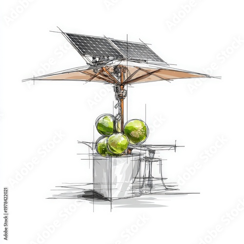 Bright umbrella sheltering solar panel with playful green spheres underneath for a cheerful outdoor setting