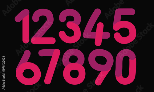 Pink and Purple Dual-tone Rounded Number set 0-9 on black background, Vector numeric icons for creative and feminine typography design.