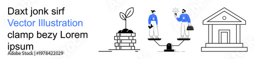Sustainability, justice, teamwork, economy, balance, growth. Scene includes plant on coins, two figures on a scale and a courthouse. Sustainability and justice concept