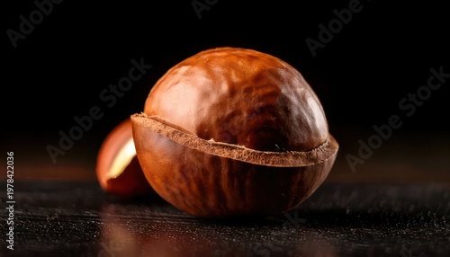Close-up of a Macadamia Nut with Shell on a Dark Surface.