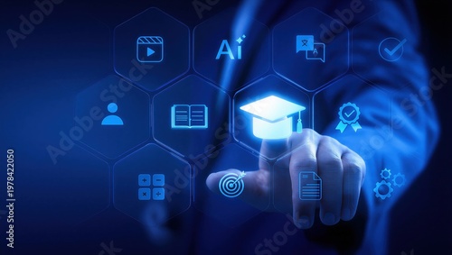 Digital certification and online learning powered by ai education technology, professional accessing secure elearning platform for accredited course assessment and verified credential development