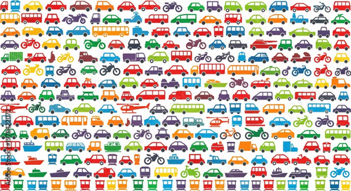 Collection of colorful cartoon vehicles and transportation icons.