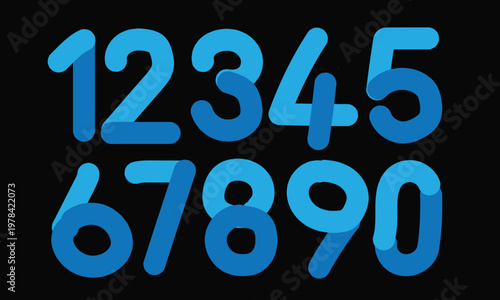 Blue Dual-tone Rounded Number set 0-9 on black background, Vector numeric icons for technology and modern typography design.