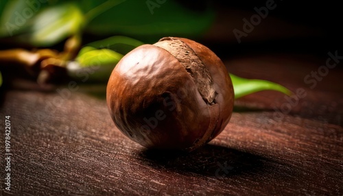 Close-up of a Macadamia Nut on a Wooden Surface.
