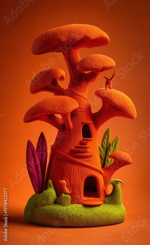 Charming clay treehouse with vibrant colors and whimsical design nestled in a magical forest setting