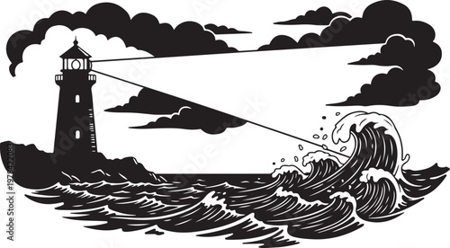 Dramatic lighthouse standing tall against turbulent ocean waves illustration