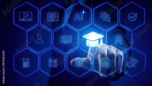 Digital certification and online learning powered by ai education technology, professional accessing secure elearning platform for accredited course assessment and verified credential development