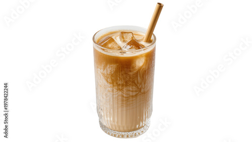 Schilderij op canvas Tall glass of iced coffee with milk and a bamboo straw, isolated on transparent