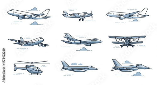 Collection of various aircraft types including airplanes and helicopter.