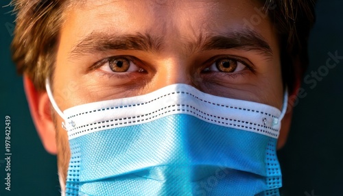 Close-up of a man wearing a blue surgical mask.