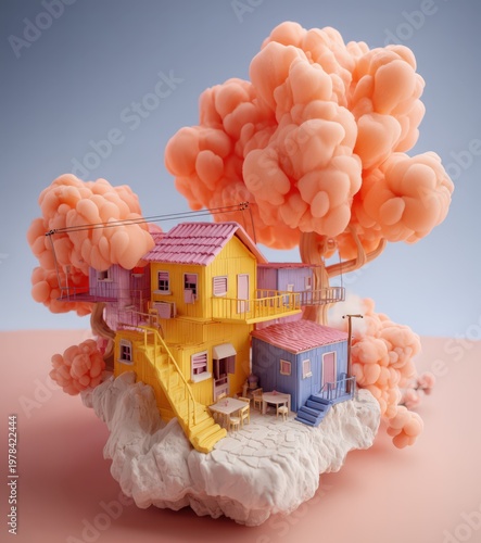 Whimsical tree house nestled among fluffy pastel clouds in a charming three dimensional artistry