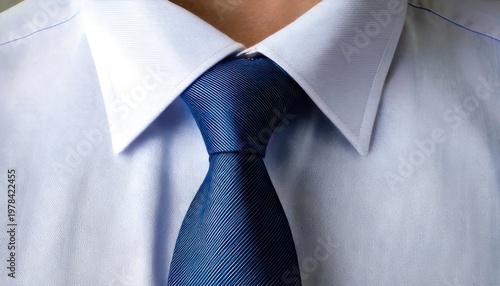 Close-up of a man in a white shirt and blue tie.
