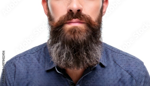 Close-up of a man with a full beard and blue shirt.
