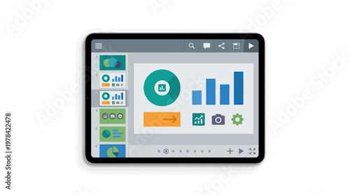 Tablet displaying digital data visualization with charts and icons