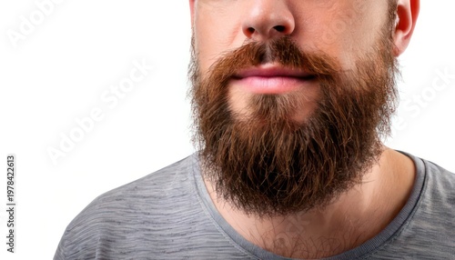 Close-up of a mans face with a full, well-groomed beard.