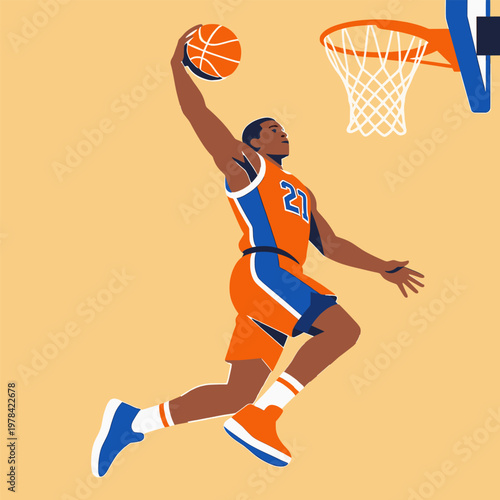 Basketball player jumping with ball in action pose. Sport dynamic illustration for gameplay concept.