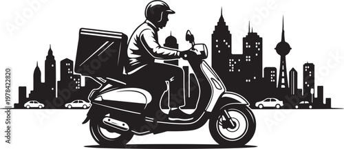 Delivery Rider on Scooter in City Skyline at Night